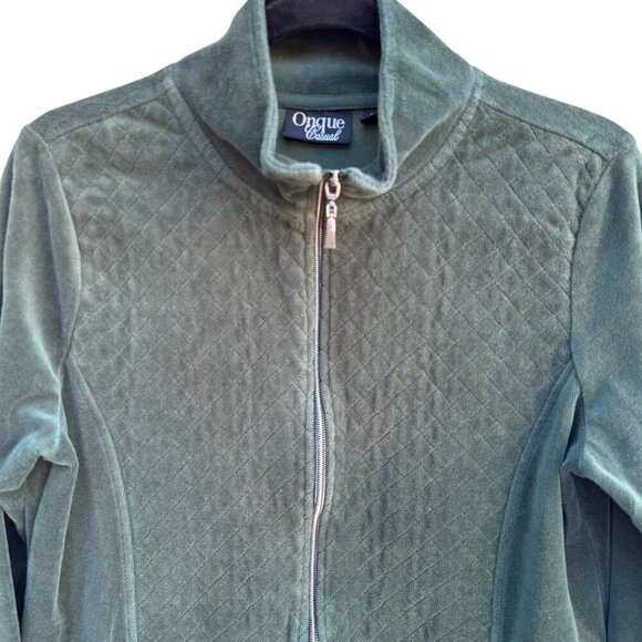 Onque Casual Vintage Womens Green Quilted Front Velour High Collar Zip Jacket M - Picture 2 of 9